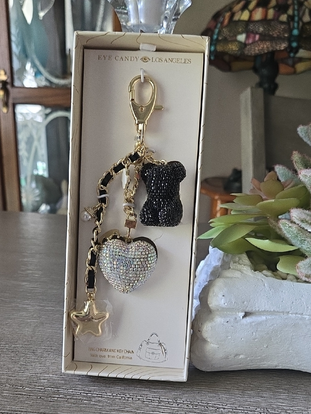 eye candy Gold Chain Key & Crystal Heart Charm with Black Teddy